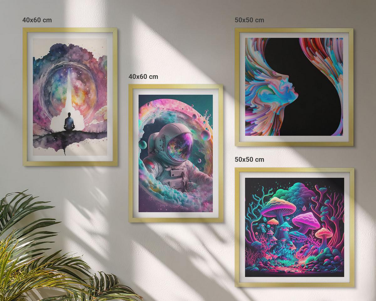 BILDER SET 4er Set - 50x50 cm & 40x60 cm Goldrahmen - Farbenfrohe Fantasy-Kunstillustrationen - Goldfarben, Kunststoff (50/50cm) - TULUP