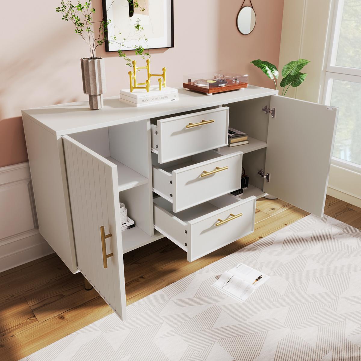 SIDEBOARD holzwerkstoff weiß mit rillenfront, 2 türen & 3 schubladen - Weiß, Holzwerkstoff (120/40/75cm) - Urban Meuble