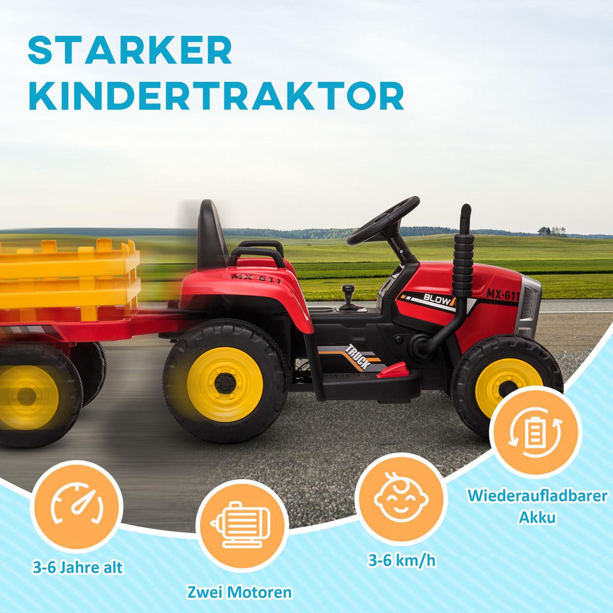 ELEKTRISCHER Traktor Kinder Aufsitztraktor mit MP3 Funktion, 3-6KM/H, Rot - Rot, Metall (136.5/50/52.5cm) - HOMCOM
