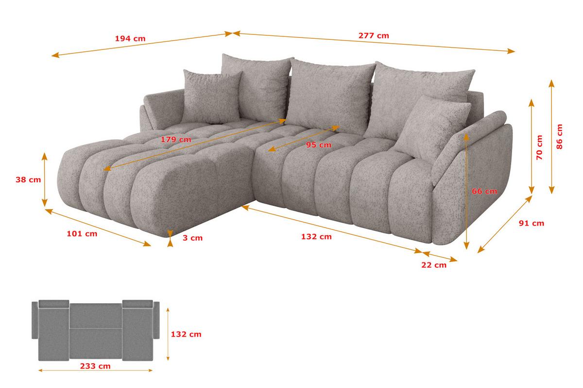 ECKSOFA mit Schlaffunktion Ottomane Links TOKO-L-v1 277x194x86 Hellgrau Velours - Hellgrau/Schwarz, Holzwerkstoff/Kunststoff (277/194cm) - ALTDECOR