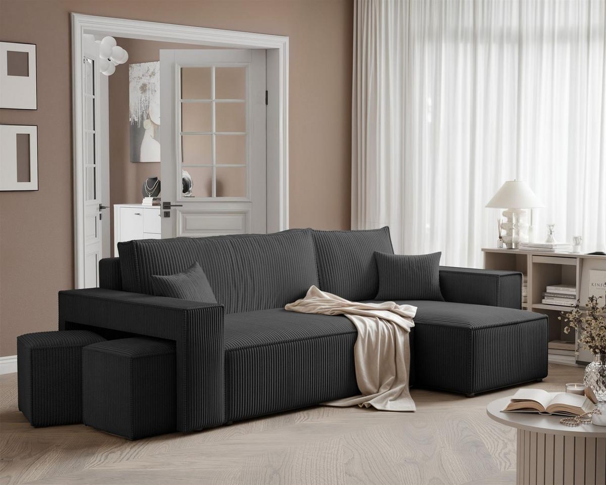 ECKSOFA Adara Inkl. Hocker - Schwarz, Holzwerkstoff/Textil (145/262cm) - Fun Möbel