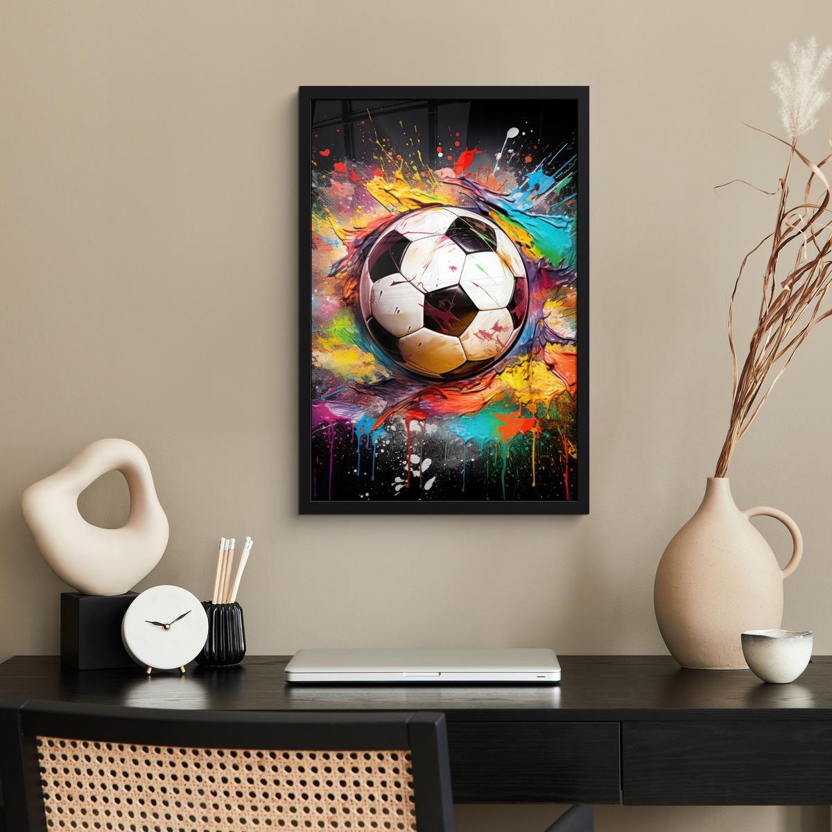 POSTER MIT RAHMEN Fußball - Farbe - Farben - Schwarz - Weiß Bilder mit Rahmen 40x60 cm - Weiß, Papier (40/60cm) - MuchoWow