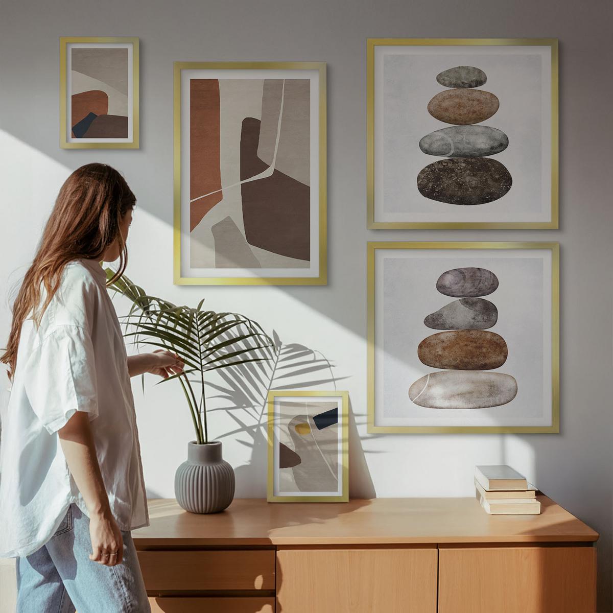 BILDER SET 5er Set - 50x50 cm & 20x30 cm & 40x60 cm Goldrahmen - Abstrakte Boho-Formen - Goldfarben, Kunststoff (40/60cm) - TULUP