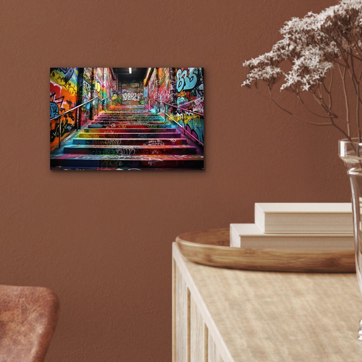 METALLBILD Treppe - Graffiti - Farben - Kunst 30x20 cm - Multicolor, Metall (30/20cm) - MuchoWow