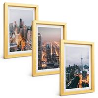 BILDER SET 3er Set - 20x30 cm Goldrahmen - Städte bei Nacht, Wolkenkratzer, Lichter - Goldfarben, Kunststoff (20/30cm) - TULUP