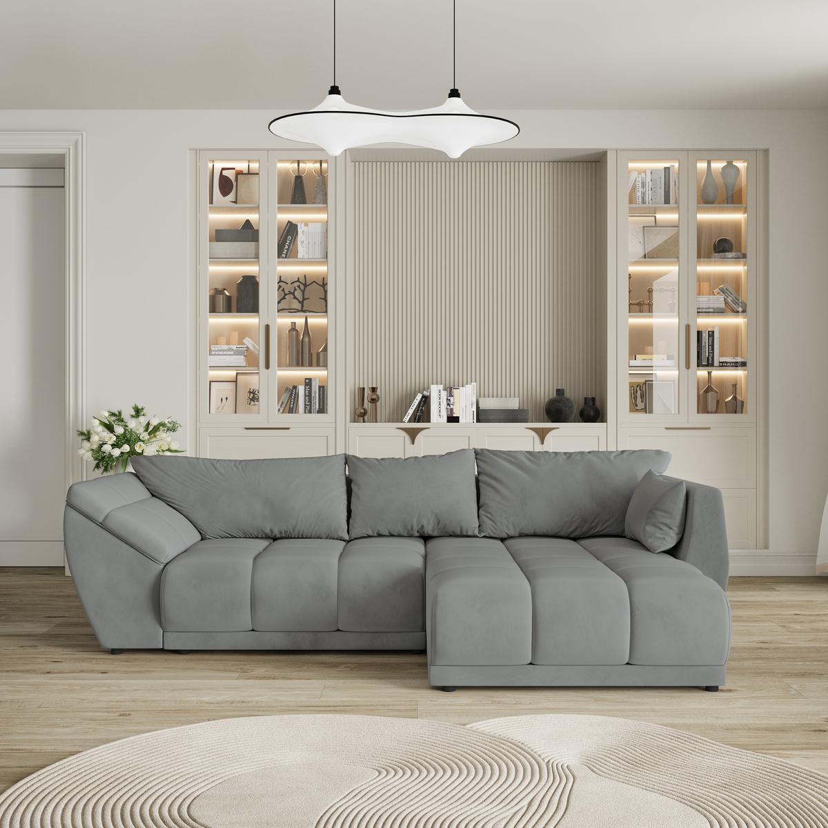 ECKSOFA ORENTI R-S Grau Velours-Stoff mit Schlaffunktion - Grau, Holz (287/182cm) - MASSENO