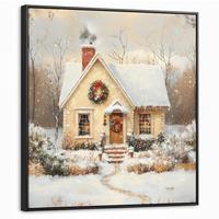 LEINWAND Bilder mit Rahmen - Weihnachten - Zuhause - Winter - Schnee - 90x90 - Creme, Textil (90/90cm) - MuchoWow