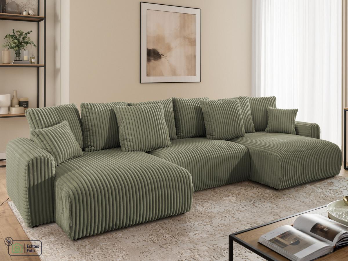 WOHNLANDSCHAFT Calma mit Schlaffunktion und Bettkasten im Bumpy-Design aus weichem Olive Plüschcord - Beige/Schwarz, Holz/Textil (336/88/140cm) - S-Style