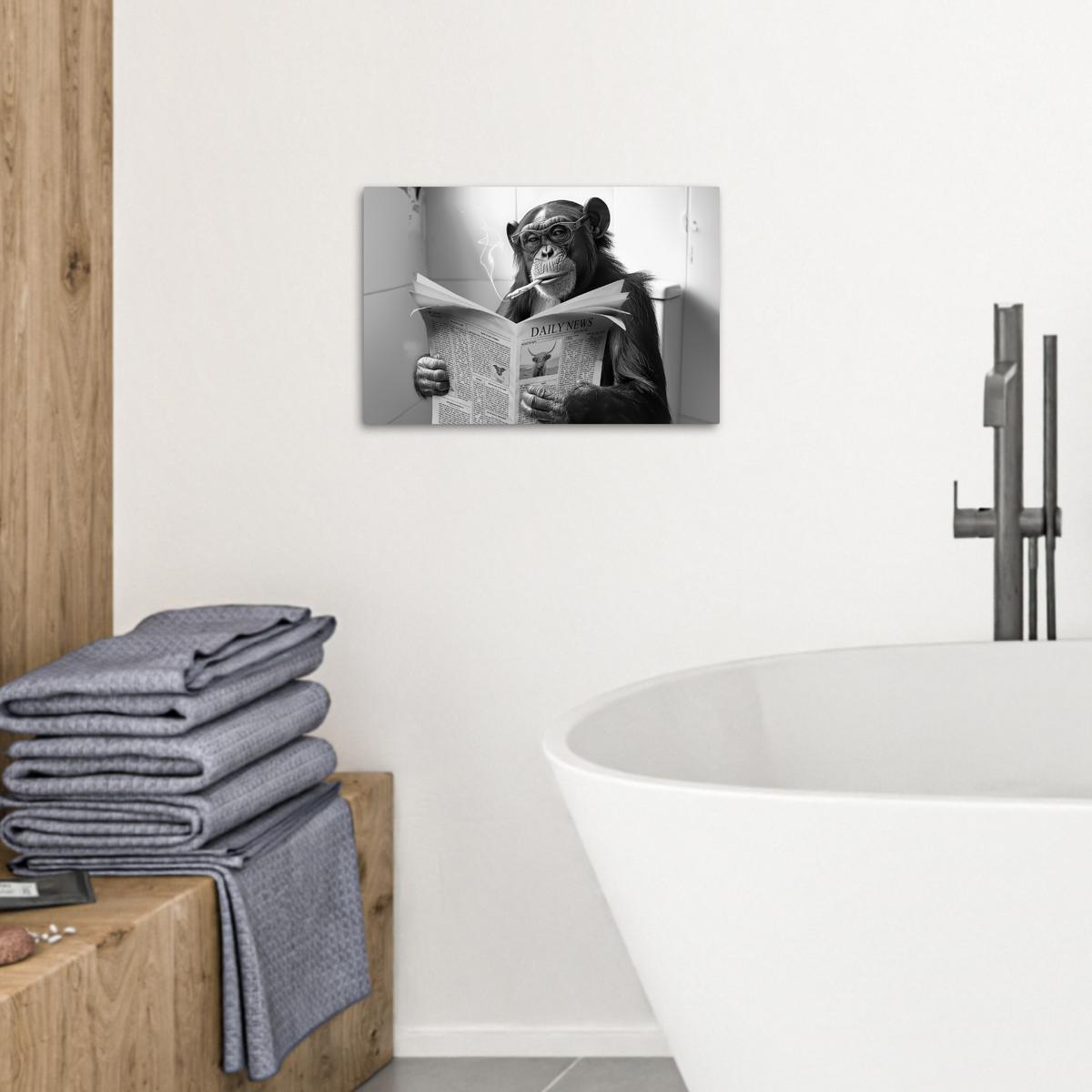 LEINWANDBILD Affe - WC - Zeitung - Schwarz-Weiß - Humor Deko Schlafzimmer 30x20 cm - Hellgrau, Textil (30/20cm) - MuchoWow