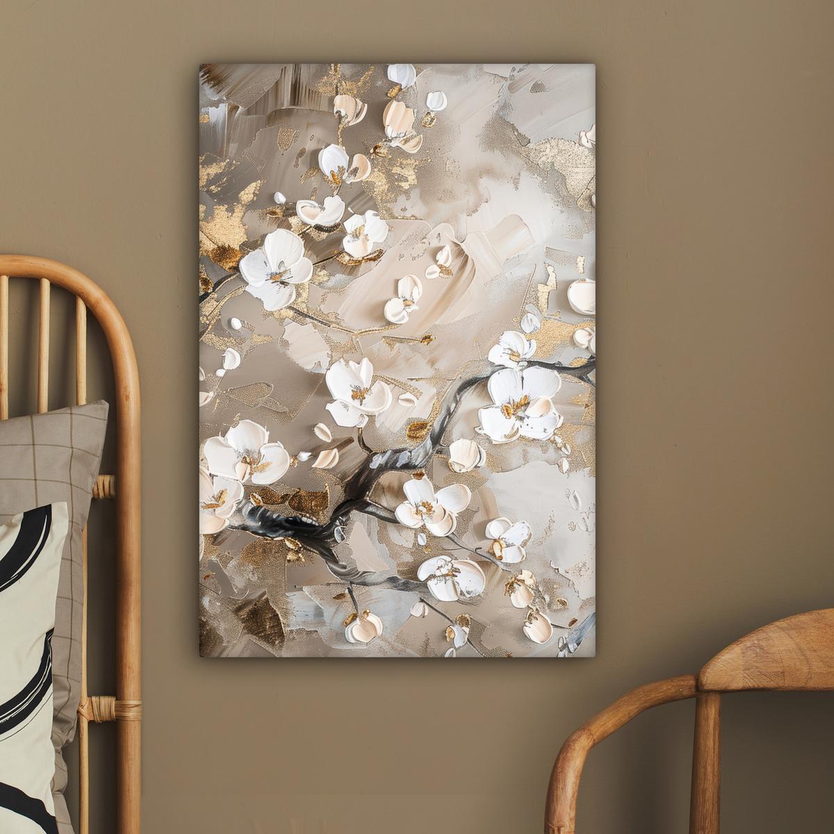 LEINWANDBILD Blumen - Weiß - Gold - Beige - Luxus Wanddeko 40x60 cm - Greige, Textil (40/60cm) - MuchoWow