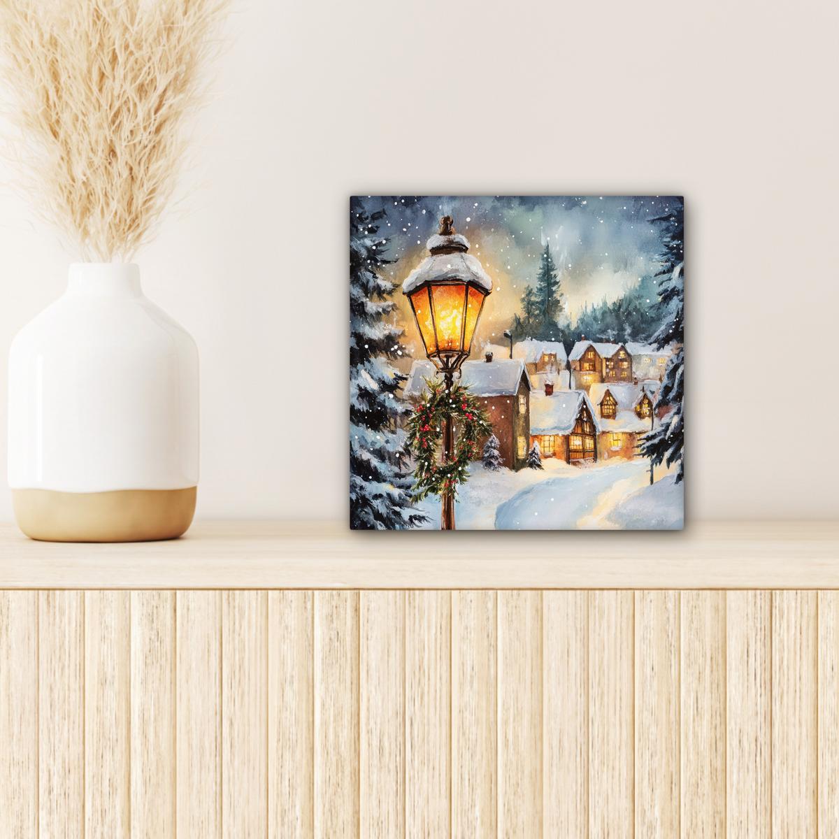 LEINWANDBILD Weihnachtsdorf - Häuser - Schnee - Weihnachten Deko Wohnzimmer 20x20 cm - Sandfarben, Textil (20/20cm) - MuchoWow