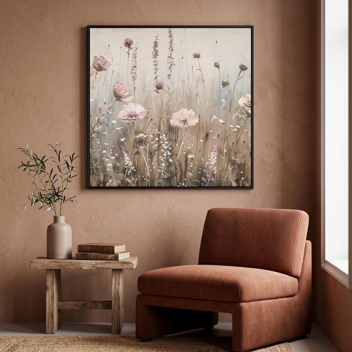 LEINWAND Bilder mit Rahmen - Blumen - Rosa - Modern - Beige - 90x90 - Beige, Textil (90/90cm) - MuchoWow