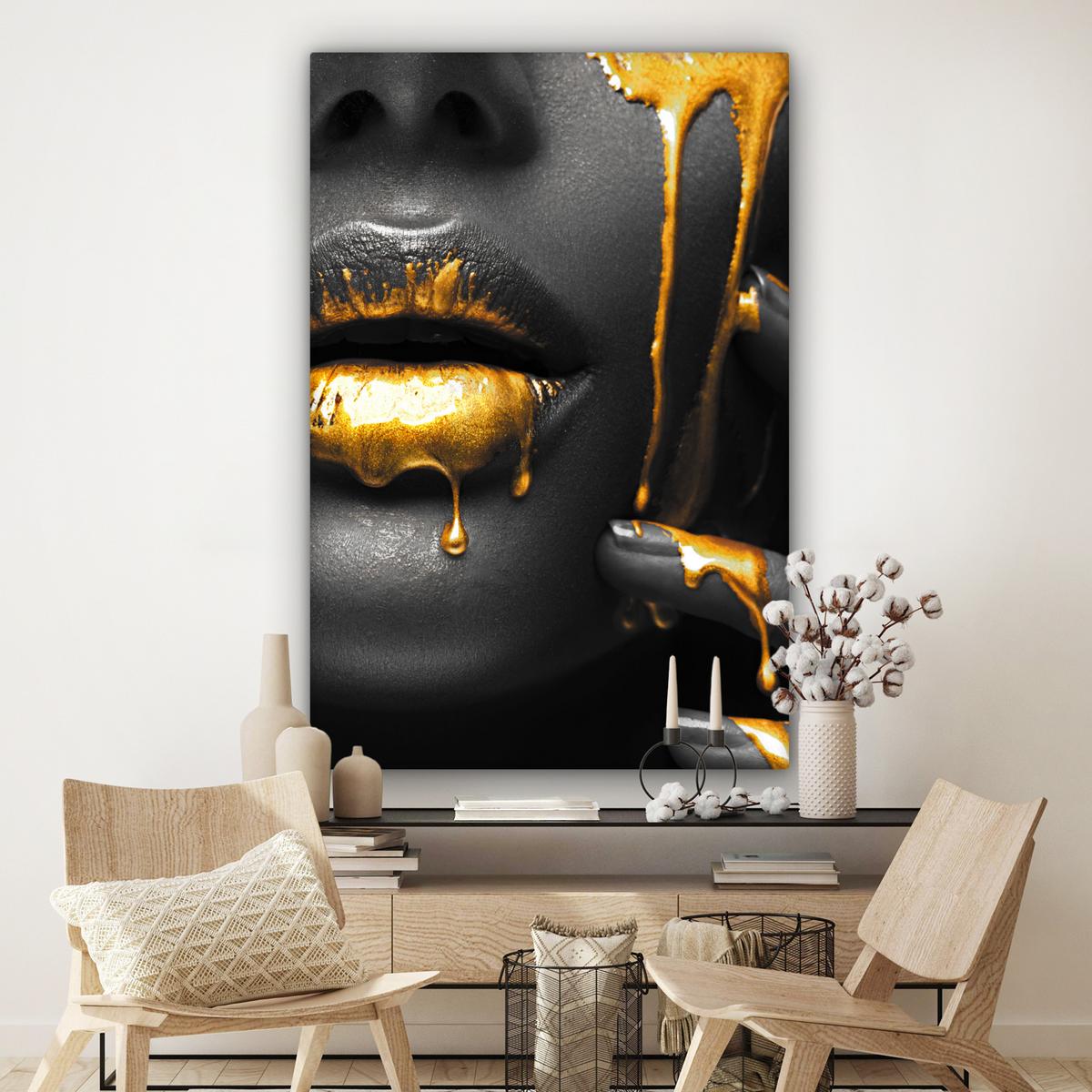 LEINWANDBILD Frau - Schwarz - Gold - Gesicht - Lippen Deko Groß 90x140 cm - Goldfarben, Textil (90/140cm) - MuchoWow