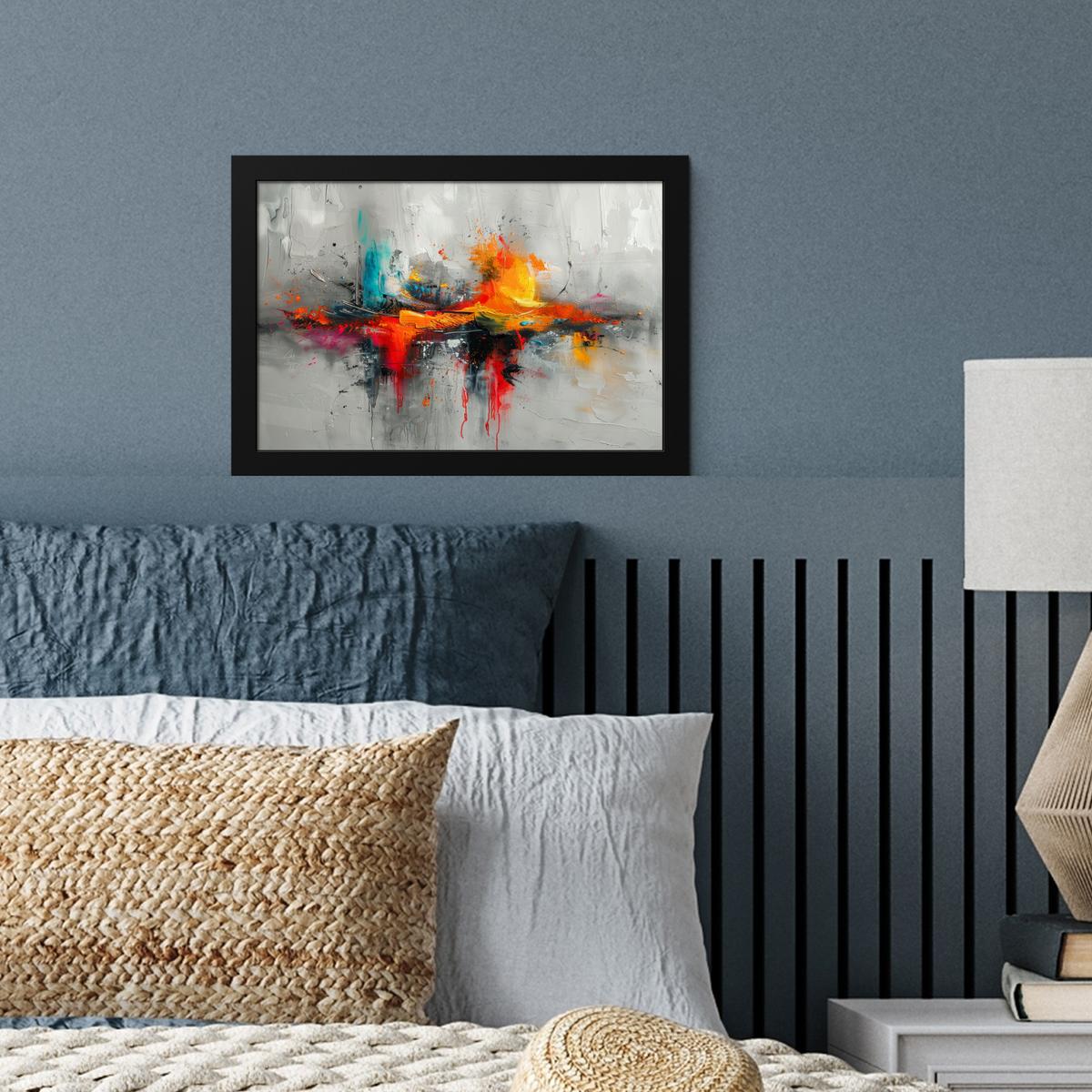 POSTER MIT RAHMENGERAHMTES BILD Moderne Kunst - Orange - Grau - Abstrakt 30x20 cm - Hellgrau, Papier (30/20cm) - MuchoWow