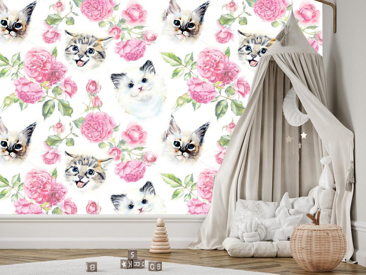 FOTOTAPETE für Badezimmer Kätzchen Rosen Blumen 150x105 - Beige/Rosa, Papier (150/105cm) - Muralo