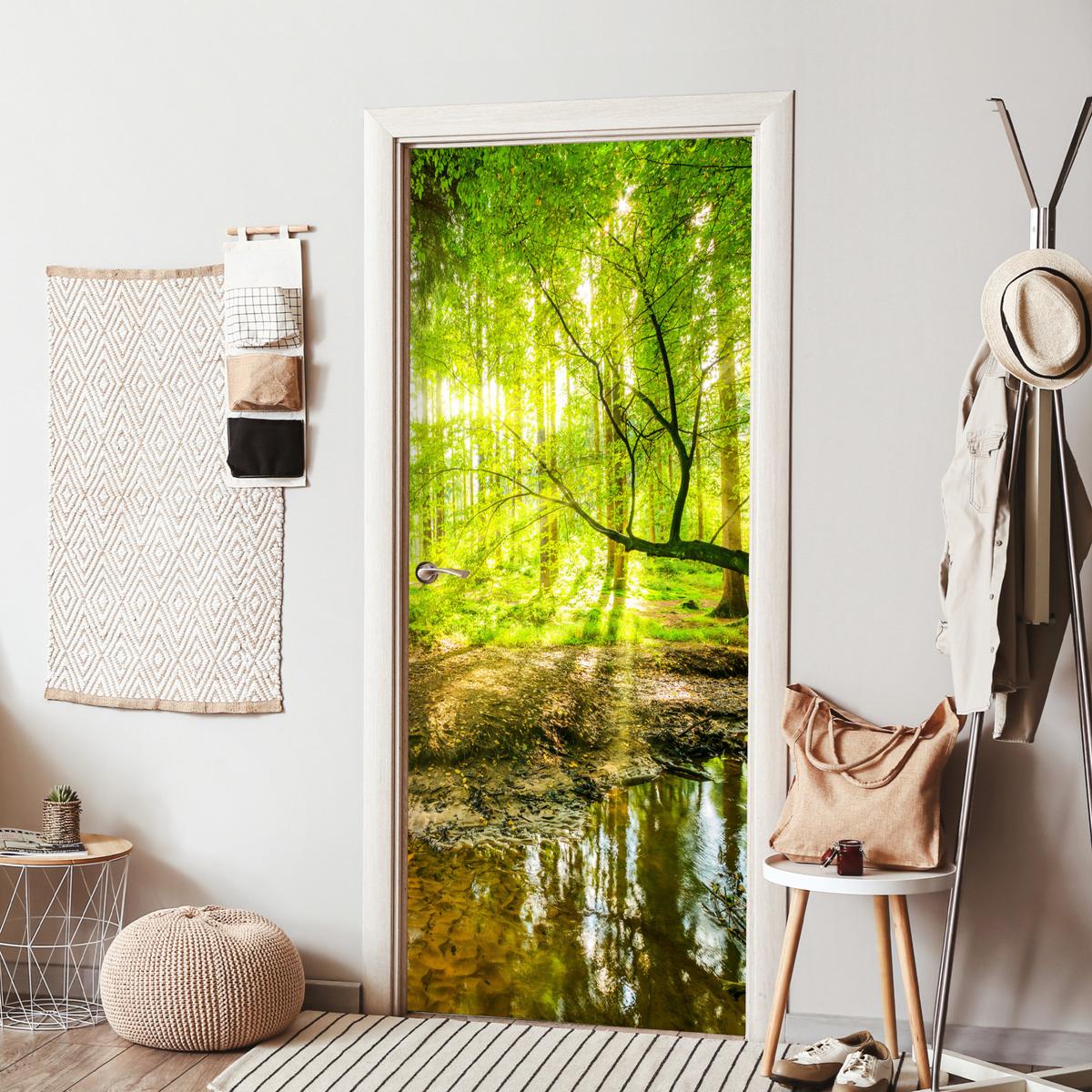 TÜRAUFKLEBER Wald - Landschaft - Wasser - Bäume - Sonne - Grün - Natur Room Decor 85x205 cm - Türtapete - Hellgrün, Kunststoff (85/0.1cm) - MuchoWow