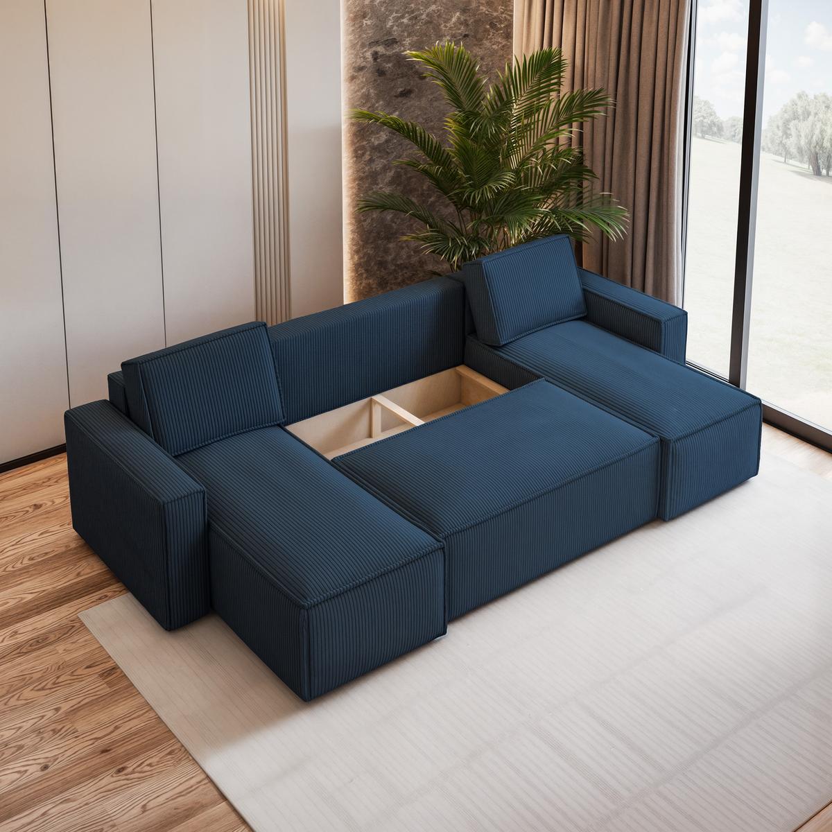 WOHNLANDSCHAFT PESANO P Blau Kordstoff mit Schlaffunktion - Blau/Grau, Holz/Kunststoff (306/85/140cm) - MASSENO