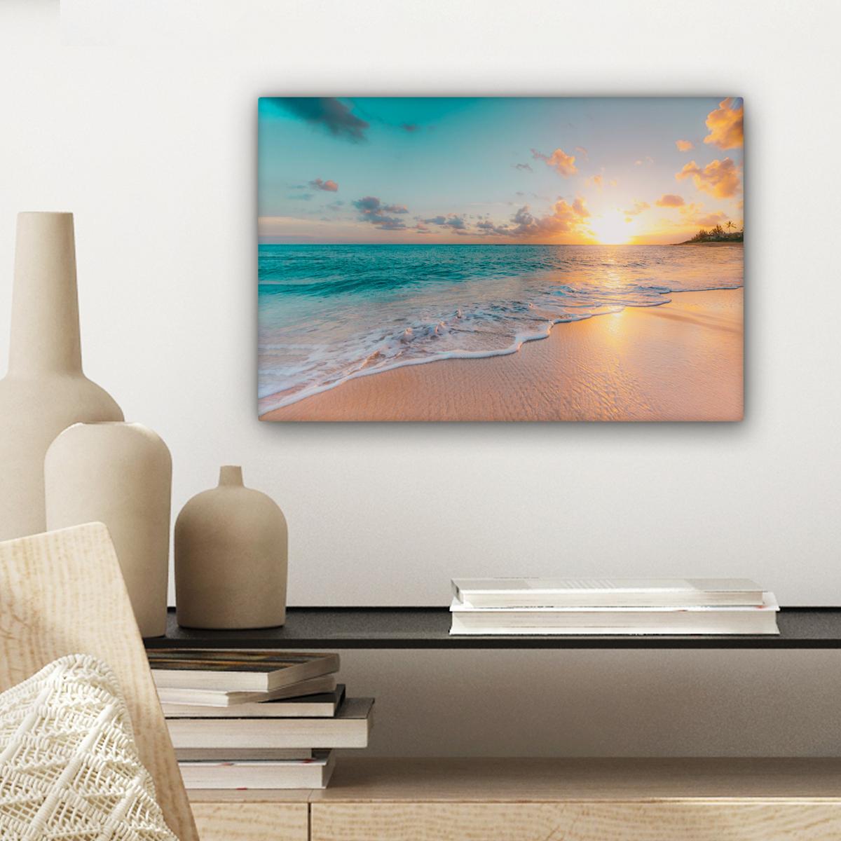 LEINWANDBILD Sonnenuntergang - Strand - Meer - Sommer - Blau Deko Schlafzimmer 30x20 cm - Multicolor, Textil (30/20cm) - MuchoWow