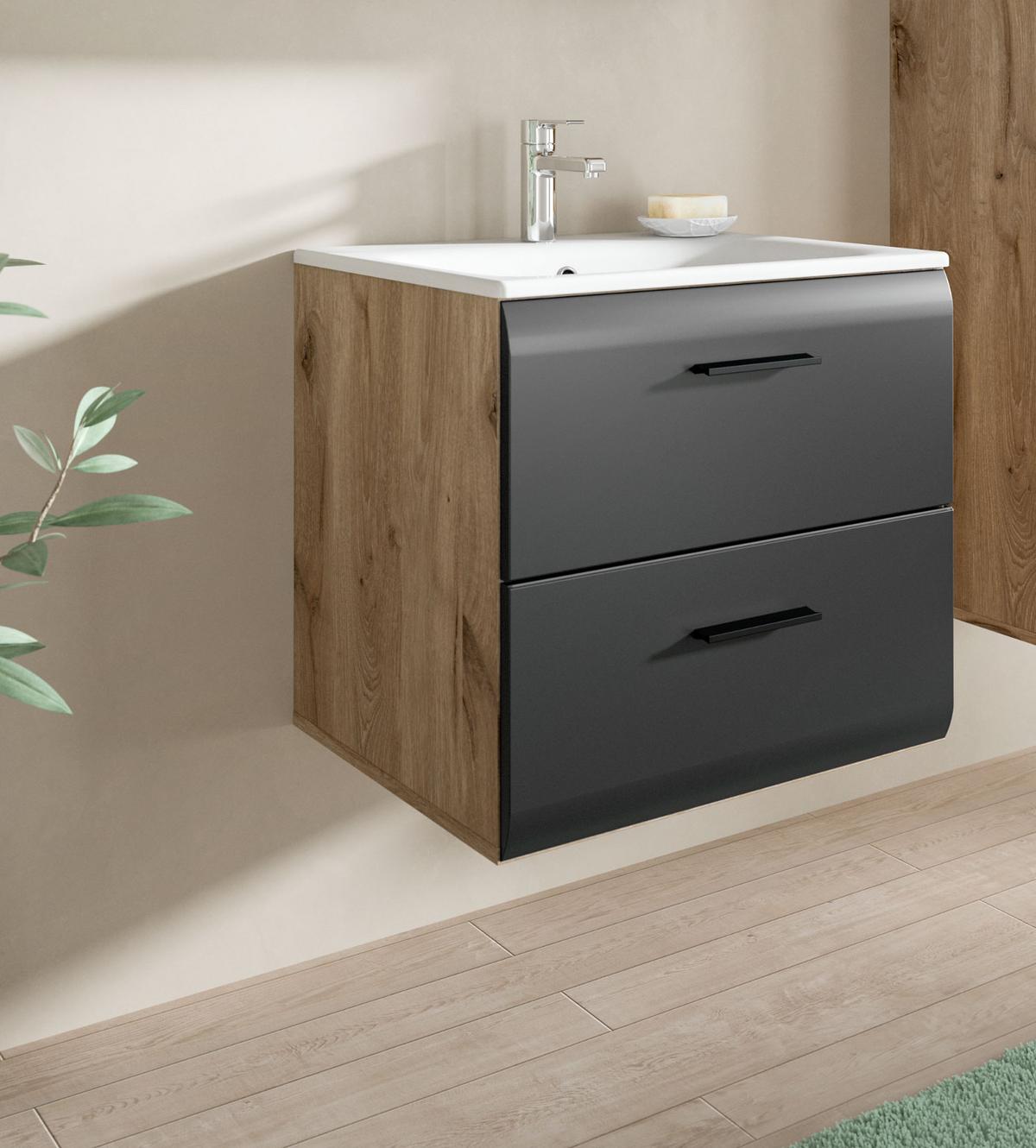 WASCHTISCH mit Waschbecken, schwarz matt, Eiche Nox, Waschtischunterschrank 60 cm mit Schubkästen - Eichefarben/Schwarz, Keramik/Holzwerkstoff (60/55/46cm) - Inn.Furn