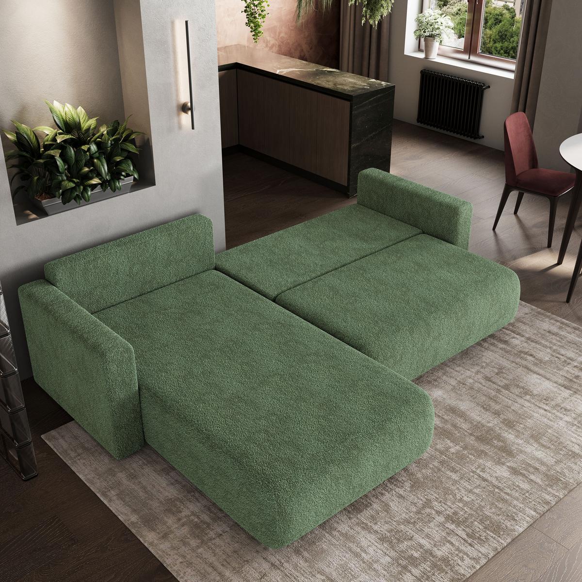 ECKSOFA TURIN N Grün Bucle-Stoff mit Schlaffunktion - Grau/Grün, Holz/Kunststoff (265/183cm) - MASSENO