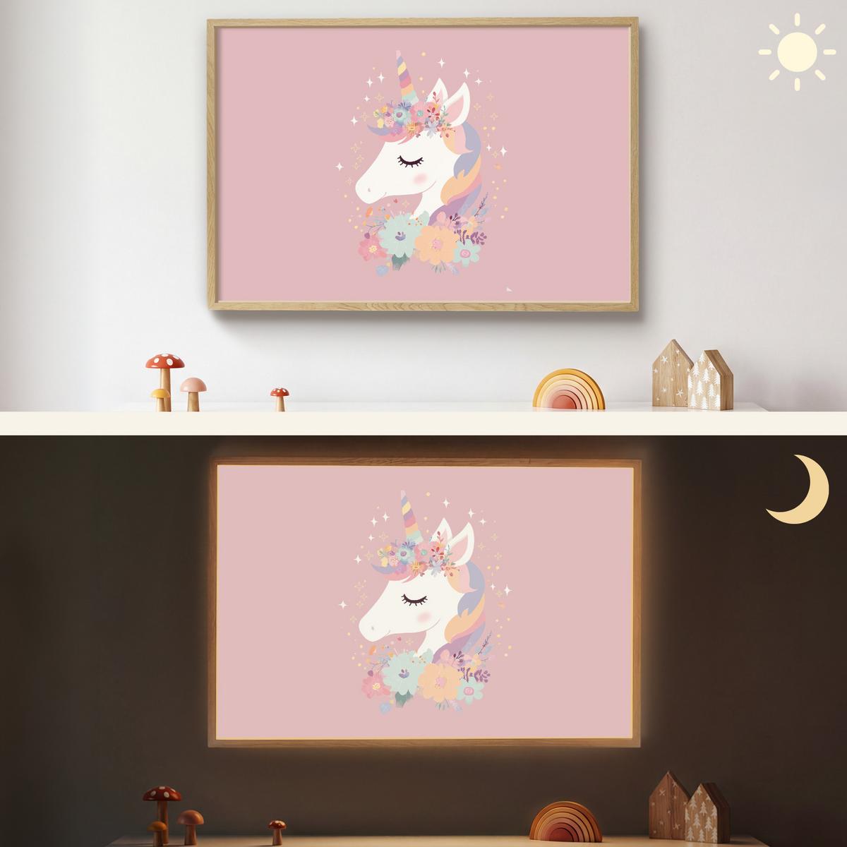 WANDLEUCHTE MIT AKKU Einhorn - Rosa - Blumen 90x60 cm - Rosa, Holzwerkstoff (90/60/8cm) - OnlyWow