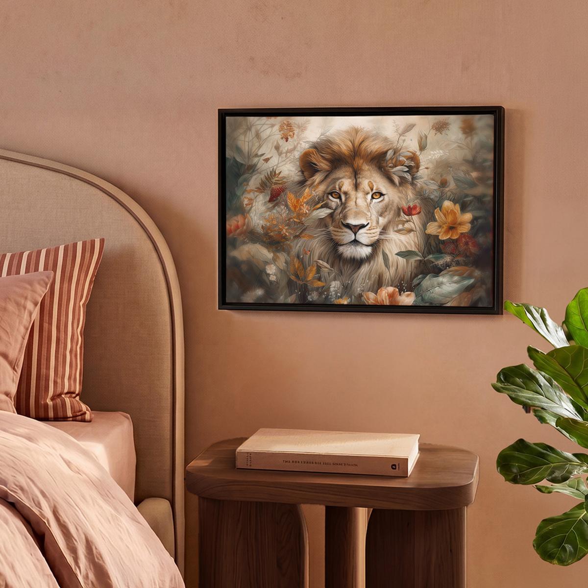 LEINWAND Bilder mit Rahmen - Löwe - Wildtiere - Pflanzen - Natur - Blumen - 40x30 - Beige, Textil (40/30cm) - MuchoWow