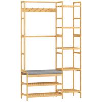 GARDEROBENSTÄNDER mit 10 Haken 104/33/175 cm Natur - Naturfarben/Grau, Holz/Bambusholz (33/175/104cm) - HOMCOM