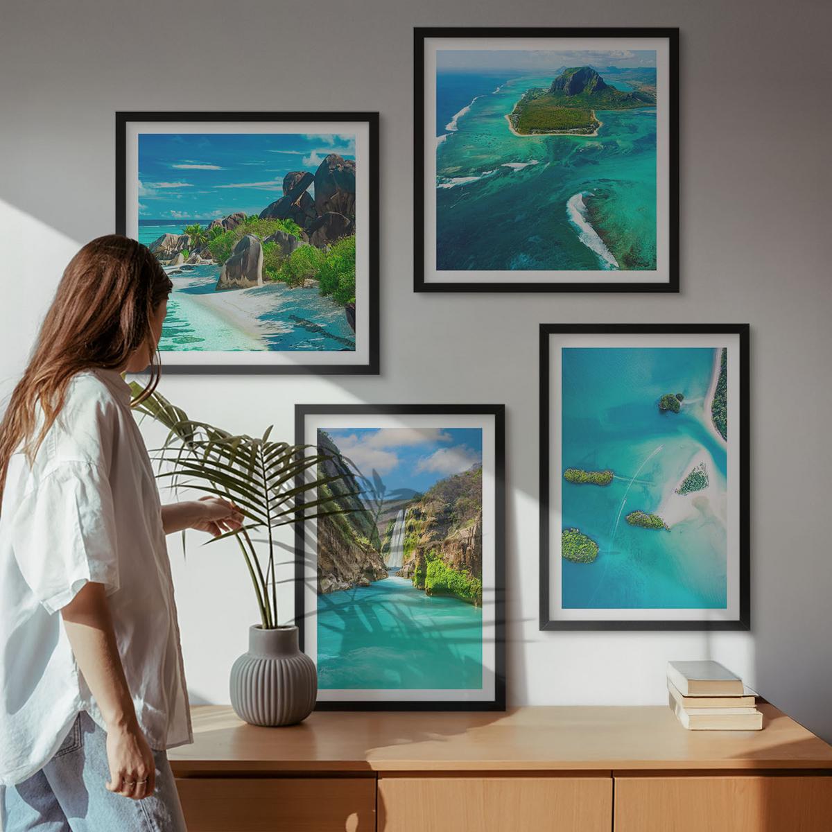 BILDER SET 4er Set - 50x50 cm & 40x60 cm Schwarzer Rahmen - Tropische türkisfarbene Inseln - Schwarz, Kunststoff (50/50cm) - TULUP