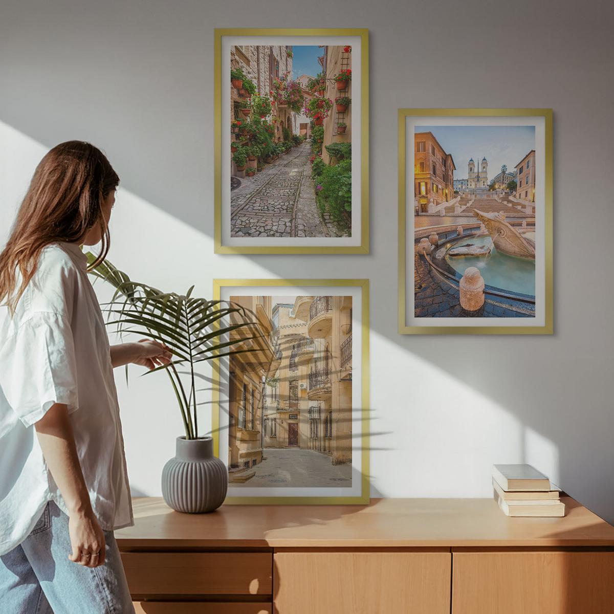 BILDER SET 3er Set - 40x60 cm Goldrahmen - Die bezaubernden Straßen des Brunnens - Goldfarben, Kunststoff (40/60cm) - TULUP