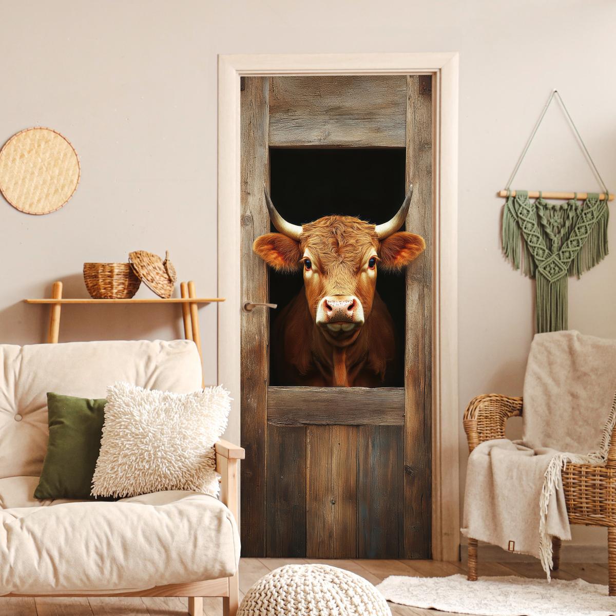 TÜRAUFKLEBER Kuh - Fenster - Holz - Tiere Room Decor 85x205 cm - Türtapete - Wengefarben, Kunststoff (85/0.1cm) - MuchoWow