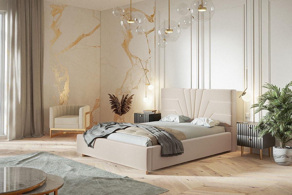 POLSTERBETT Athene mit Kopfteil, 140x200 cm, Doppelbett mit Bettkasten und Lattenrost aus Holz, Velourstoff Beige - Beige, Holz/Textil (140/200cm) - Alpi-Möbel
