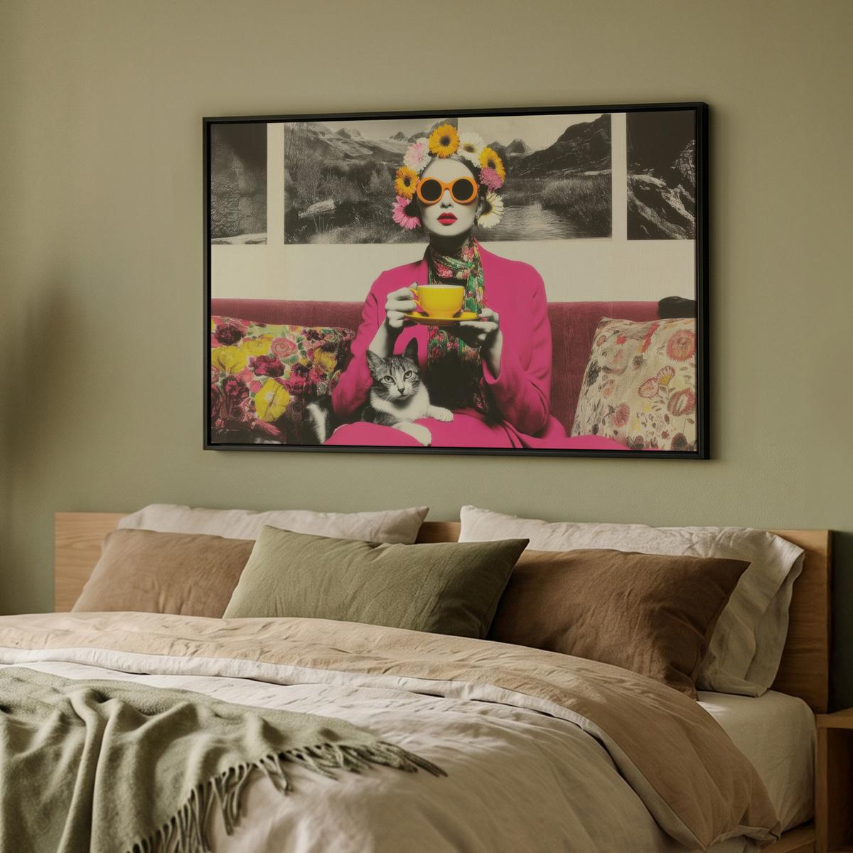 LEINWAND Bilder mit Rahmen - Frau - Katze - Blumen - Tasse - Retro - 90x60 - Magenta, Textil (90/60cm) - MuchoWow