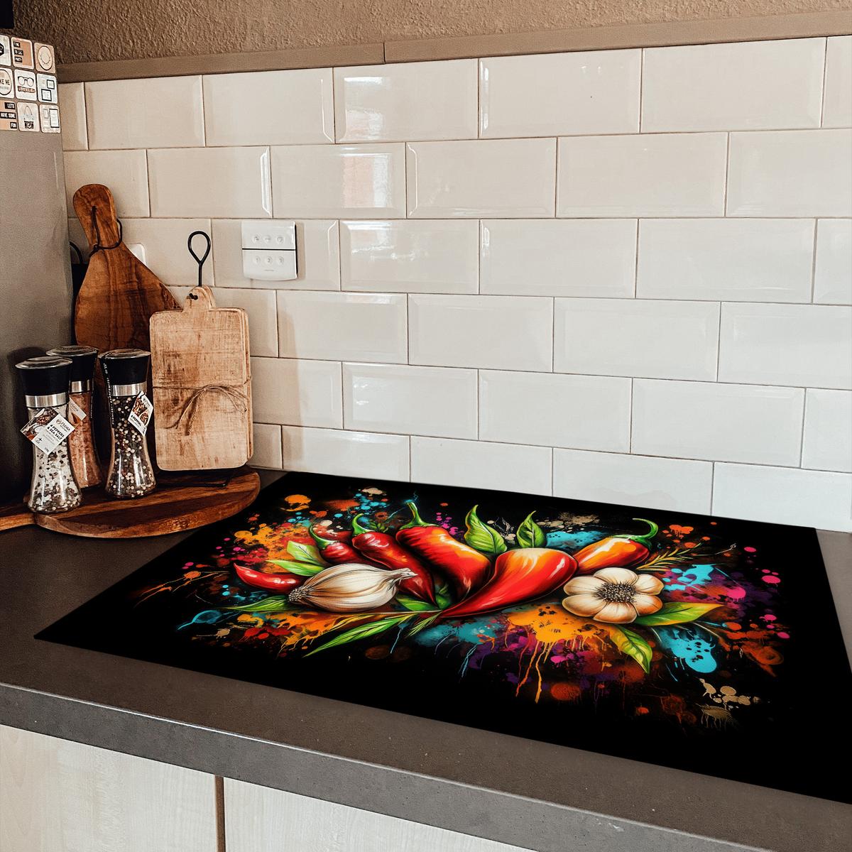 HERDABDECKPLATTE Gemüse - Paprika - Knoblauch - Graffiti - Farbe - Bunt Induktionsschutz 80x52.2 cm - Rot, Kunststoff (80.2/52.2/0.2cm) - MuchoWow