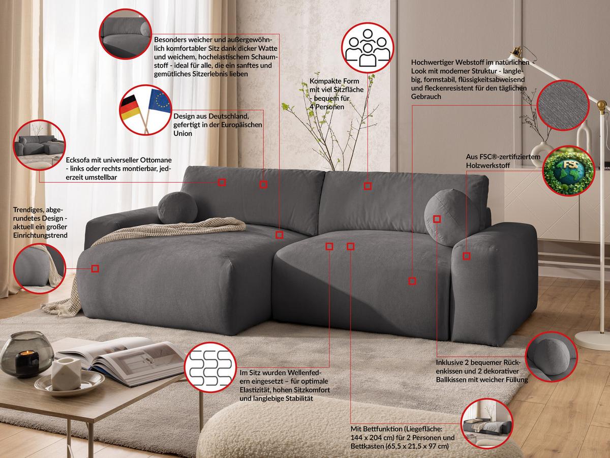 ECKSOFA Puffy mit Schlaffunktion und Bettkasten - besonders weich und puffig aus Taupe Webstoff - Ottomane links - Taupe/Schwarz, Holz/Kunststoff (138/266cm) - S-Style Möbel