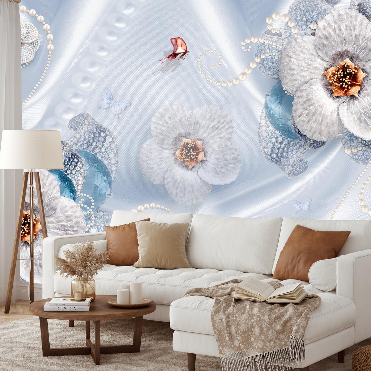 FOTOTAPETE für Schlafzimmer Blumen Perlen Schmetterlinge Blau 150x105 - Blau/Gelb, Papier (150/105cm) - Muralo