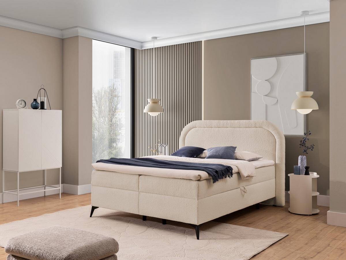 BOXBETT Sonna 180/200 cm Hellbeige Bouclé-Stoff mit abgerundetem Kopfteil und mit schwarzen Metallfüßen - Beige/Schwarz, Holz/Textil (180/200cm) - S-Style Möbel