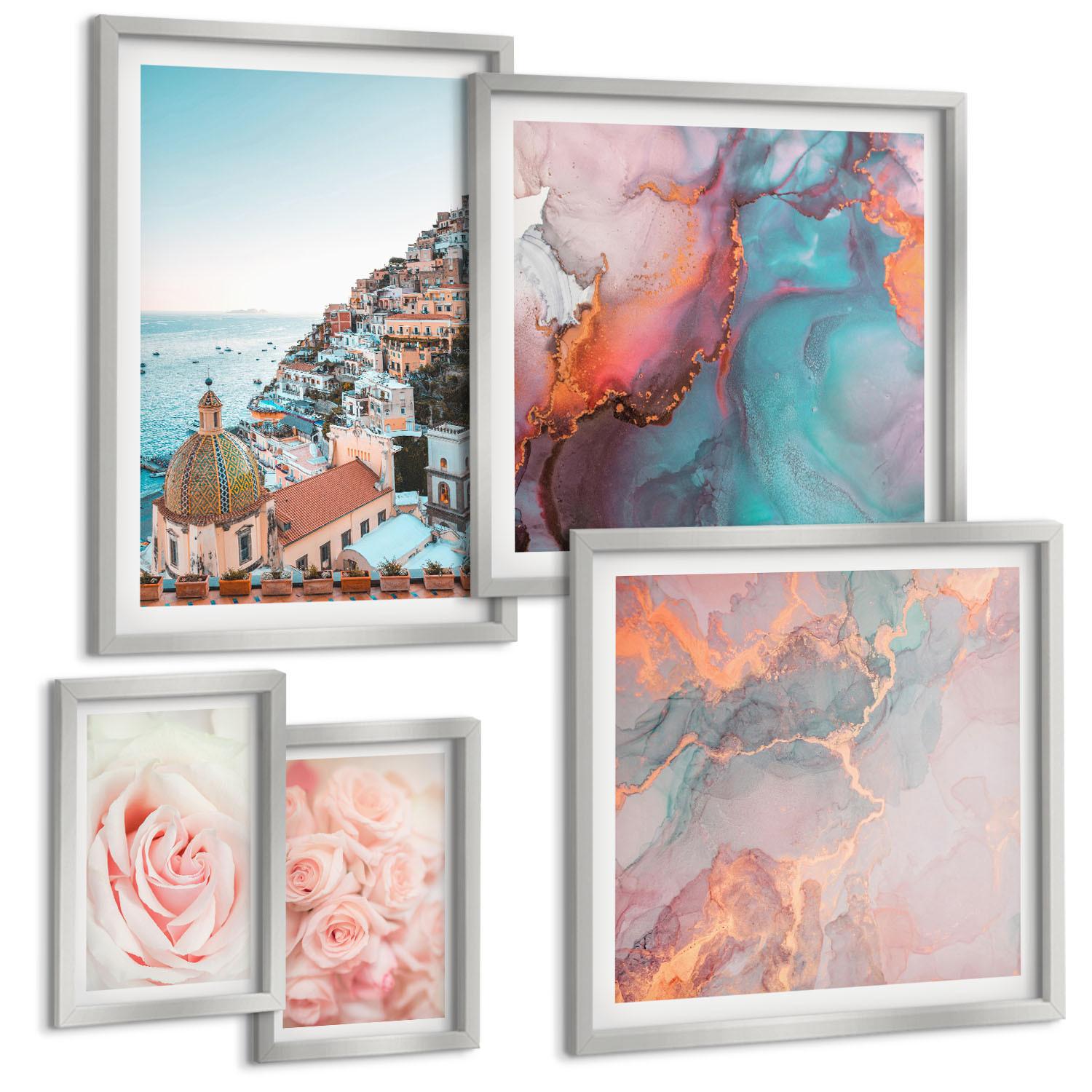 BILDER SET 5er Set - 50x50 cm & 20x30 cm & 40x60 cm Silberner Rahmen - Abstrakte Pastellmuster - Silberfarben, Kunststoff (40/60cm) - TULUP