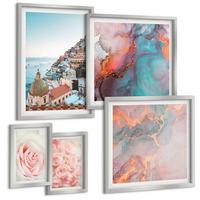 BILDER SET 5er Set - 50x50 cm & 20x30 cm & 40x60 cm Silberner Rahmen - Abstrakte Pastellmuster - Silberfarben, Kunststoff (40/60cm) - TULUP