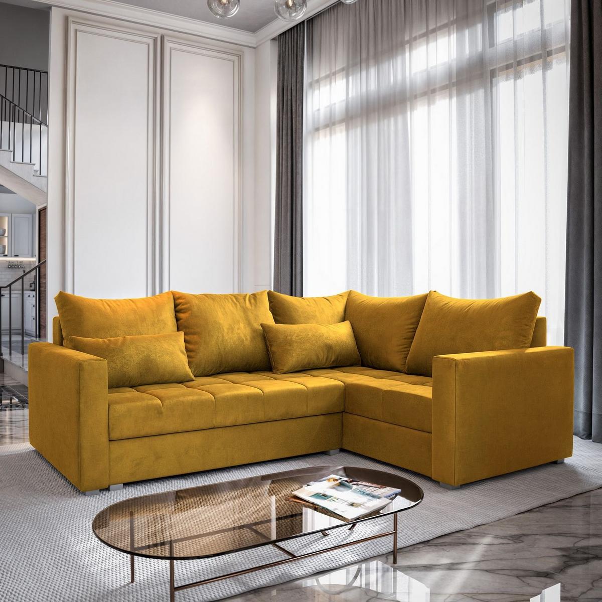 ECKSOFA LIRENO R-S Gelb Plüsch-Stoff mit Schlaffunktion - Gelb/Grau, Holz/Kunststoff (220/153cm) - MASSENO