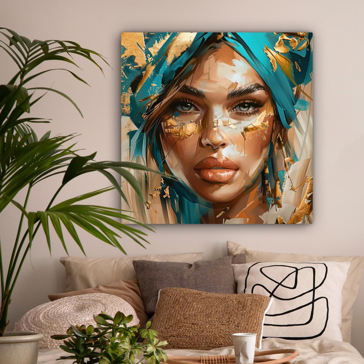 LEINWANDBILD Frau - Porträt - Gold - Luxus - Blau Deko Groß 90x90 cm - Türkis, Textil (90/90cm) - MuchoWow