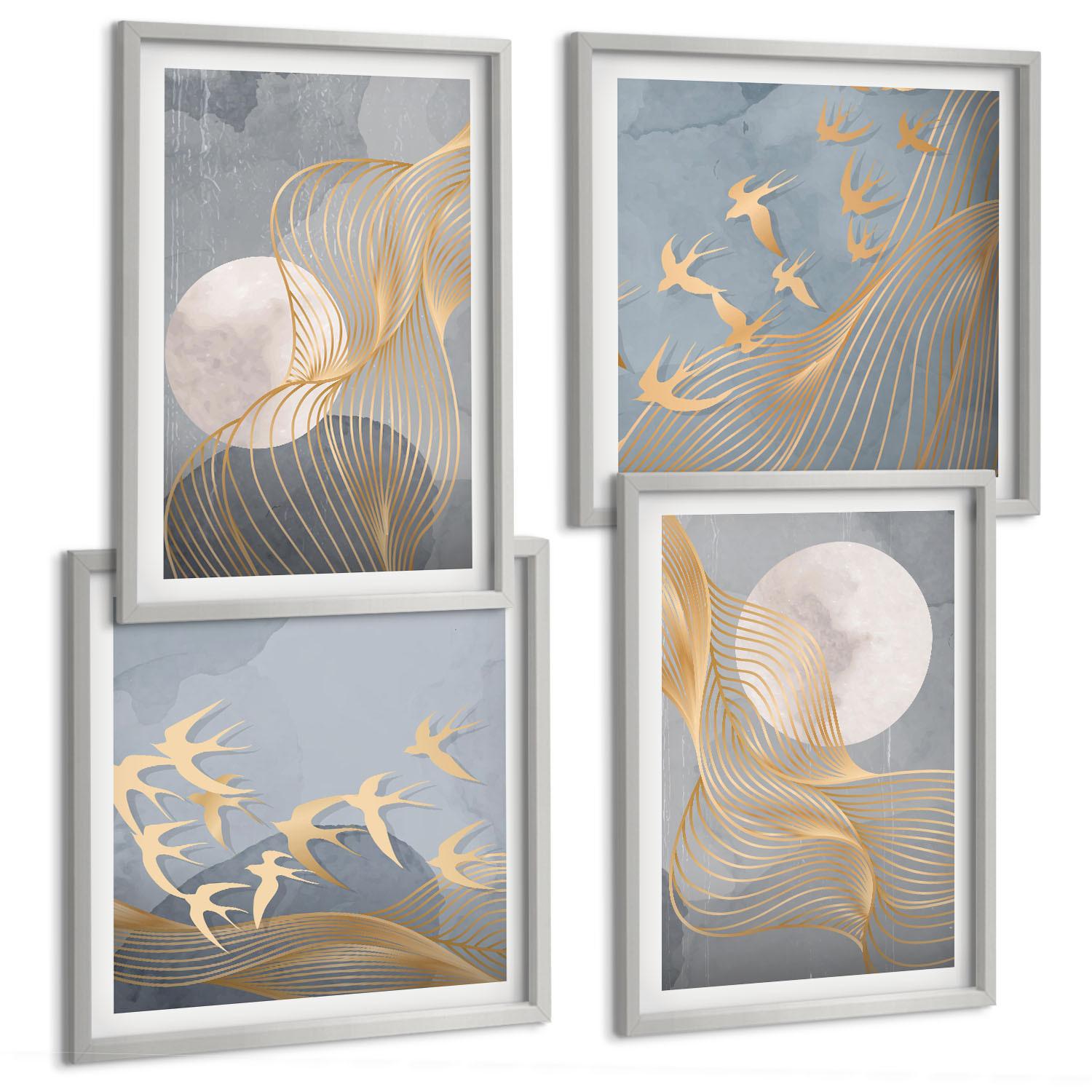 BILDER SET 4er Set - 50x50 cm & 40x60 cm Silberner Rahmen - Abstrakte Wellenkreise, grau - Silberfarben, Kunststoff (50/50cm) - TULUP