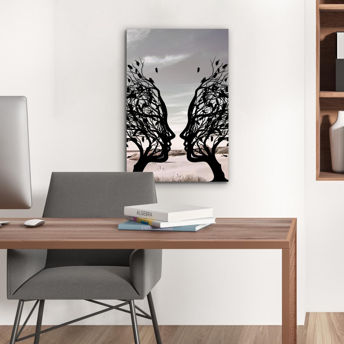 METALLBILD Strand - Meer - Menschen - Baum - Moderne Kunst Deko Schlafzimmer 40x60 cm - Hellgrau, Metall (40/60cm) - MuchoWow