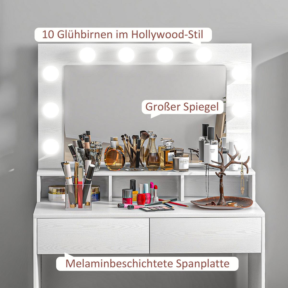 SCHMINKTISCH mit LED-Beleuchtung Frisiertisch mit Spiegel einstellbar Helligkeit - Weiß, Holzwerkstoff (40/135/80cm) - HOMCOM