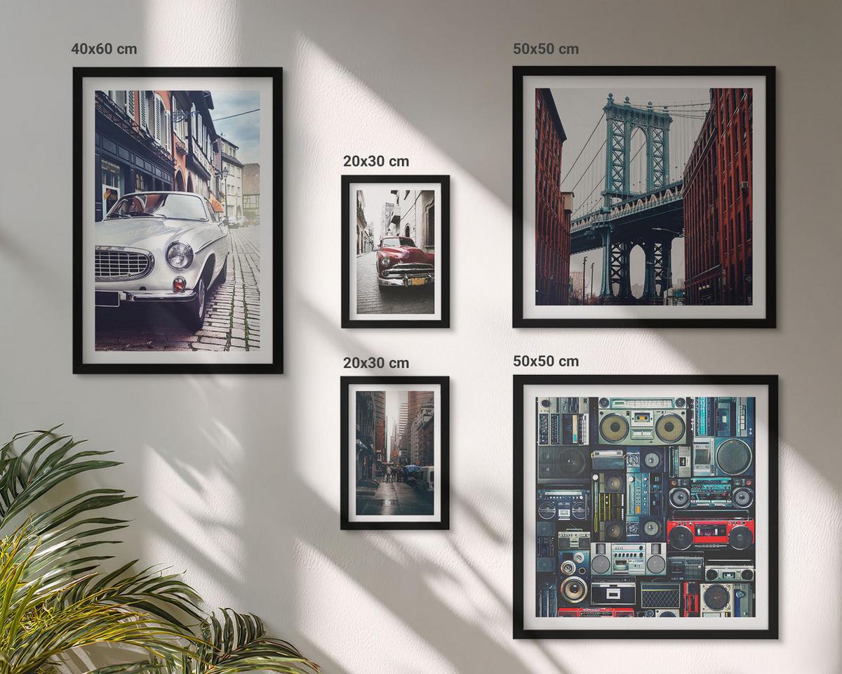BILDER SET 5er Set - 50x50 cm & 20x30 cm & 40x60 cm Schwarzer Rahmen - Old Cars Brooklyn Retro-Audio - Schwarz, Kunststoff (40/60cm) - TULUP