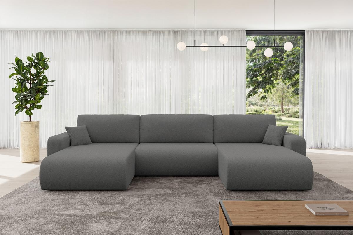WOHNLANDSCHAFT mit Schlaffunktion und Bettkasten BERY-U 377x193x88 Grau Bouclé - Schieferfarben/Schwarz, Holzwerkstoff/Kunststoff (377/88/193cm) - ALTDECOR