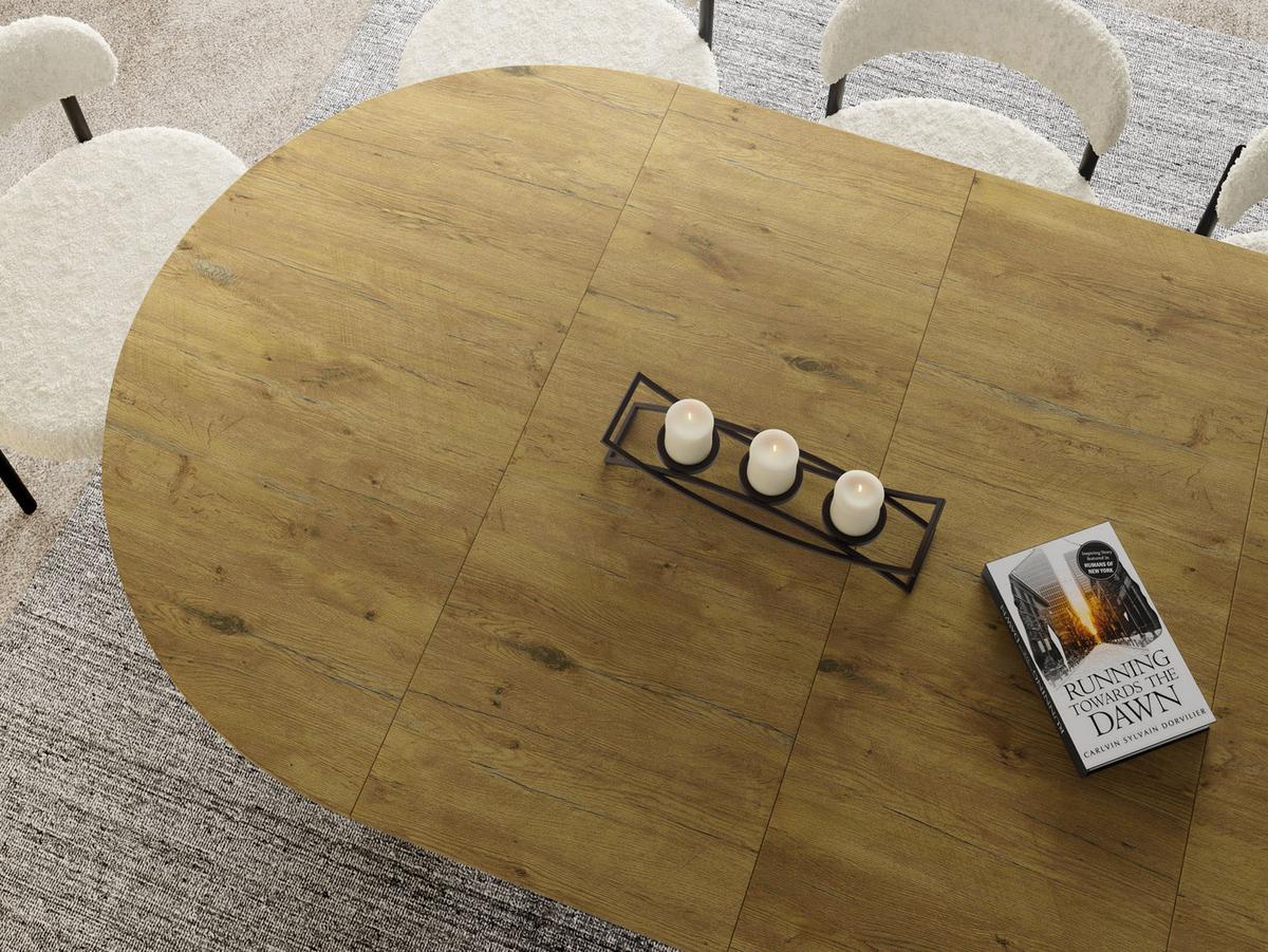 ESSTISCH Naro rund ausziehbar mit Schwarzem Lamellen-Metallgestell, Braun 100-180/100/76 cm - Eichefarben/Schwarz, Holzwerkstoff/Metall (100/176/76cm) - WFL GROUP
