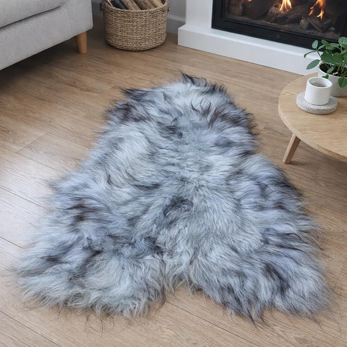 SCHAFFELL Langhaar skandinavisch weich chromfrei Hellgrau-Schwarz geflammt ca. 105 cm - Hellgrau/Schwarz, Fell (55/105cm) - Provellus