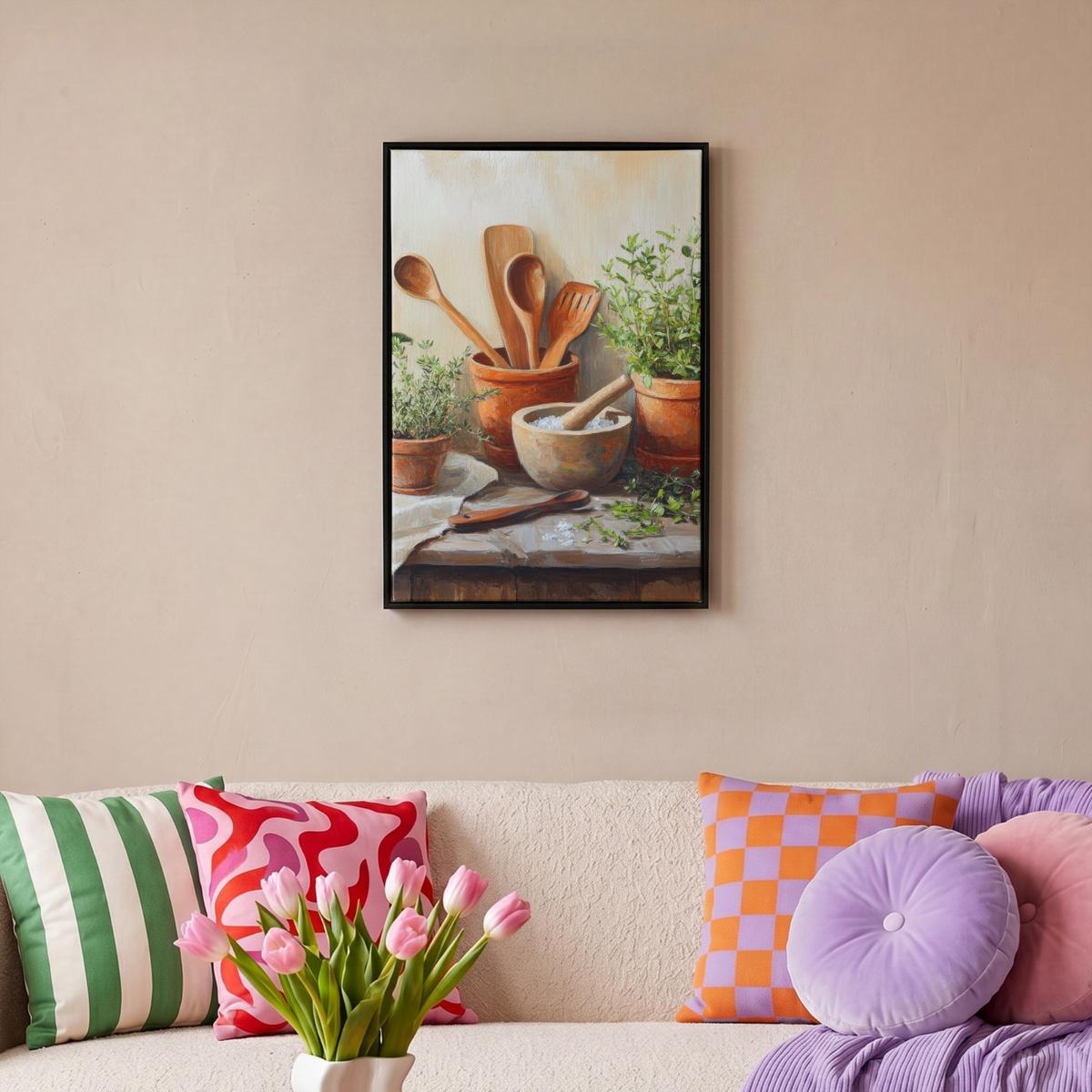 LEINWAND Bilder mit Rahmen - Töpfe - Kräuter - Holz - 40x60 - Terracotta, Textil (40/60cm) - MuchoWow