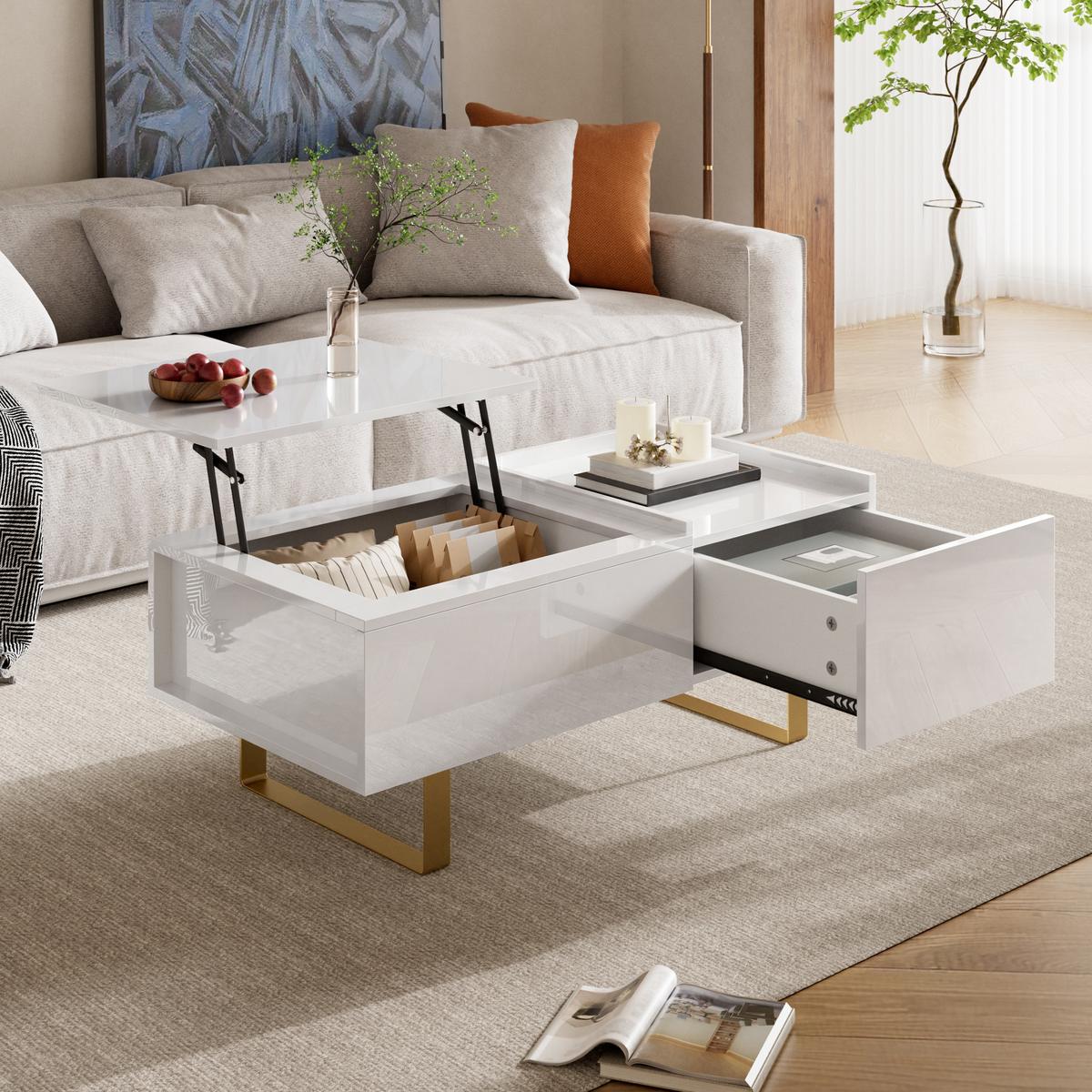 COUCHTISCH Höhenverstellbar Weiß Hochglanz mit Schublade - Weiß, Holzwerkstoff (50/100/54.5cm) - Urban Meuble