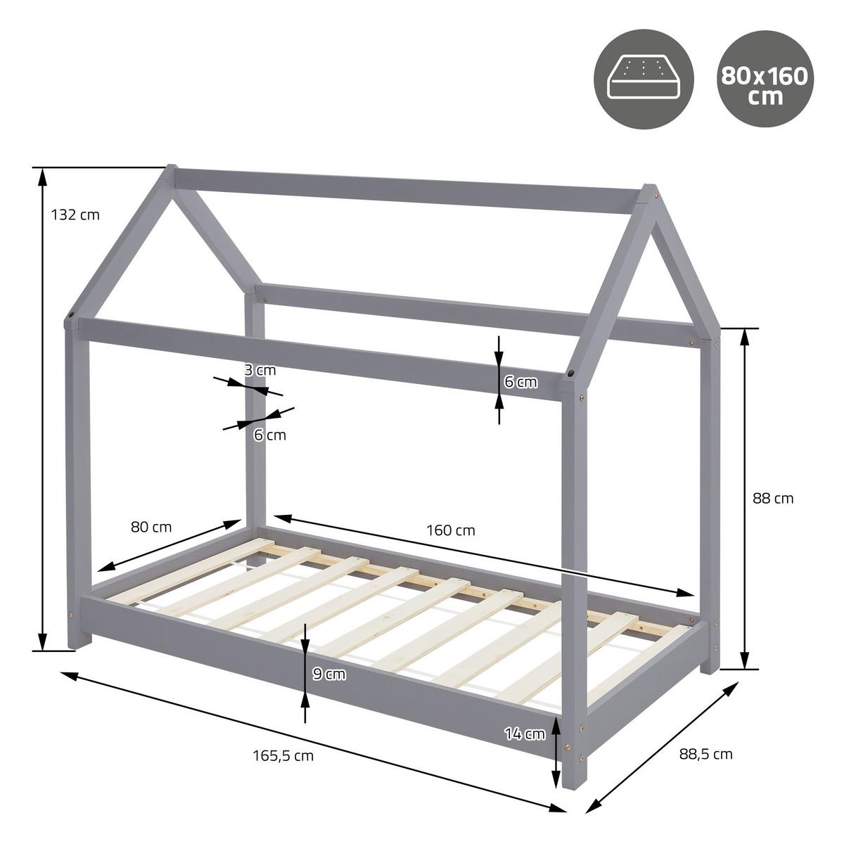 KINDERBETT mit Dach 80x160 cm Hellgrau - Hellgrau, Holz (80/160cm) - ML-DESIGN